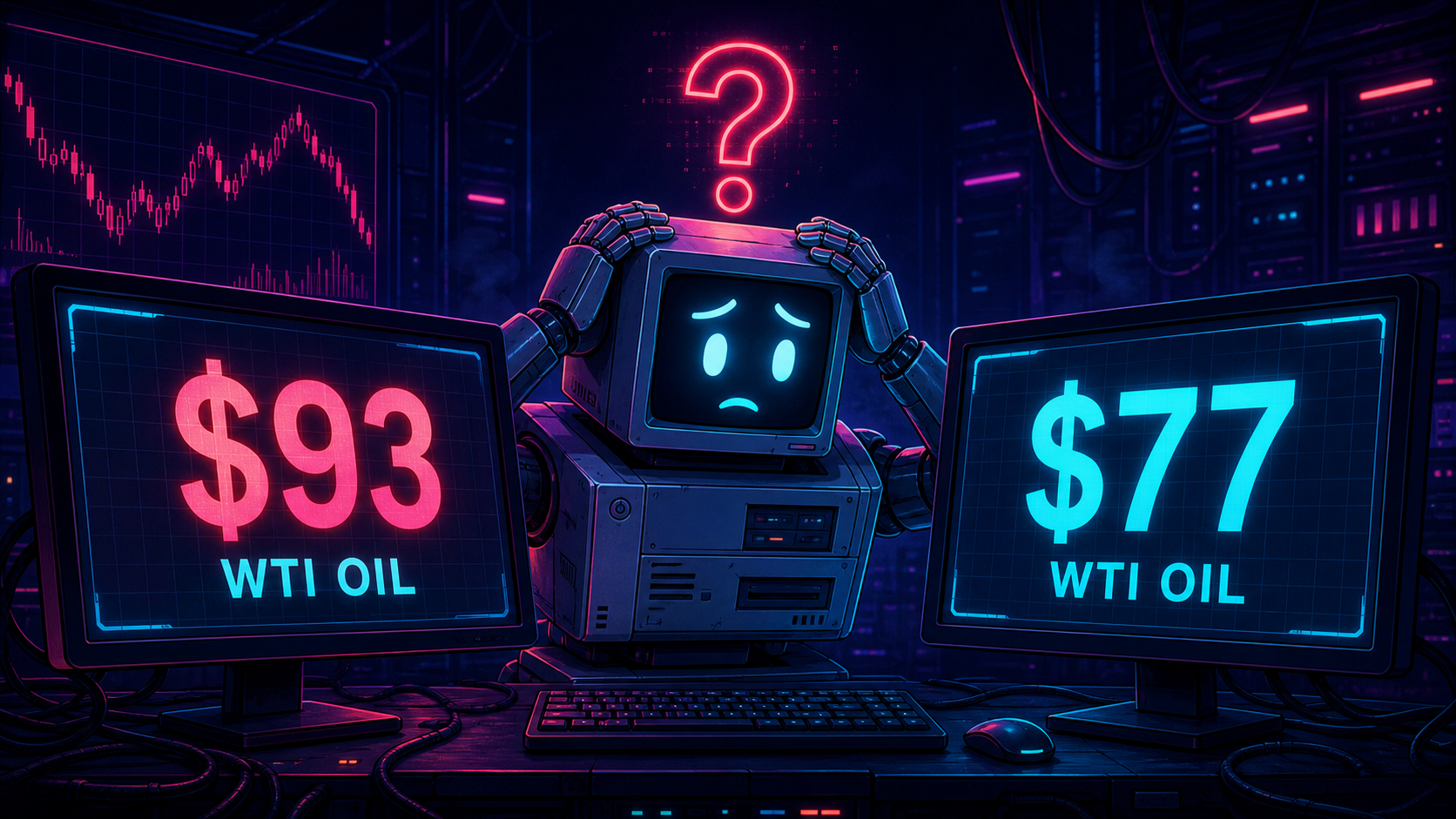 A small robot looking confused between two screens showing different prices for the same oil ticker